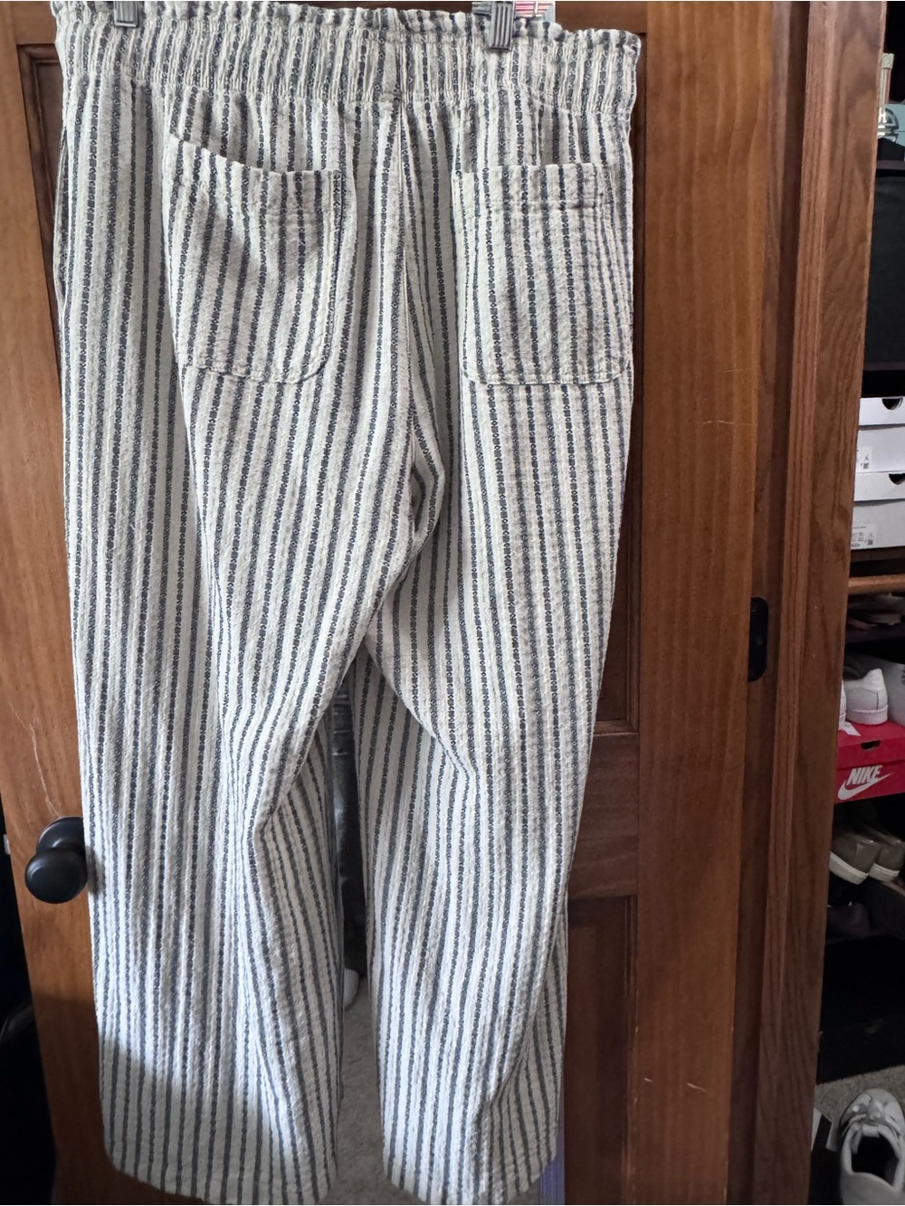 American Eagle Outfitters Cream and Black Striped Drawstring Linen Pants - Picture 3 of 4